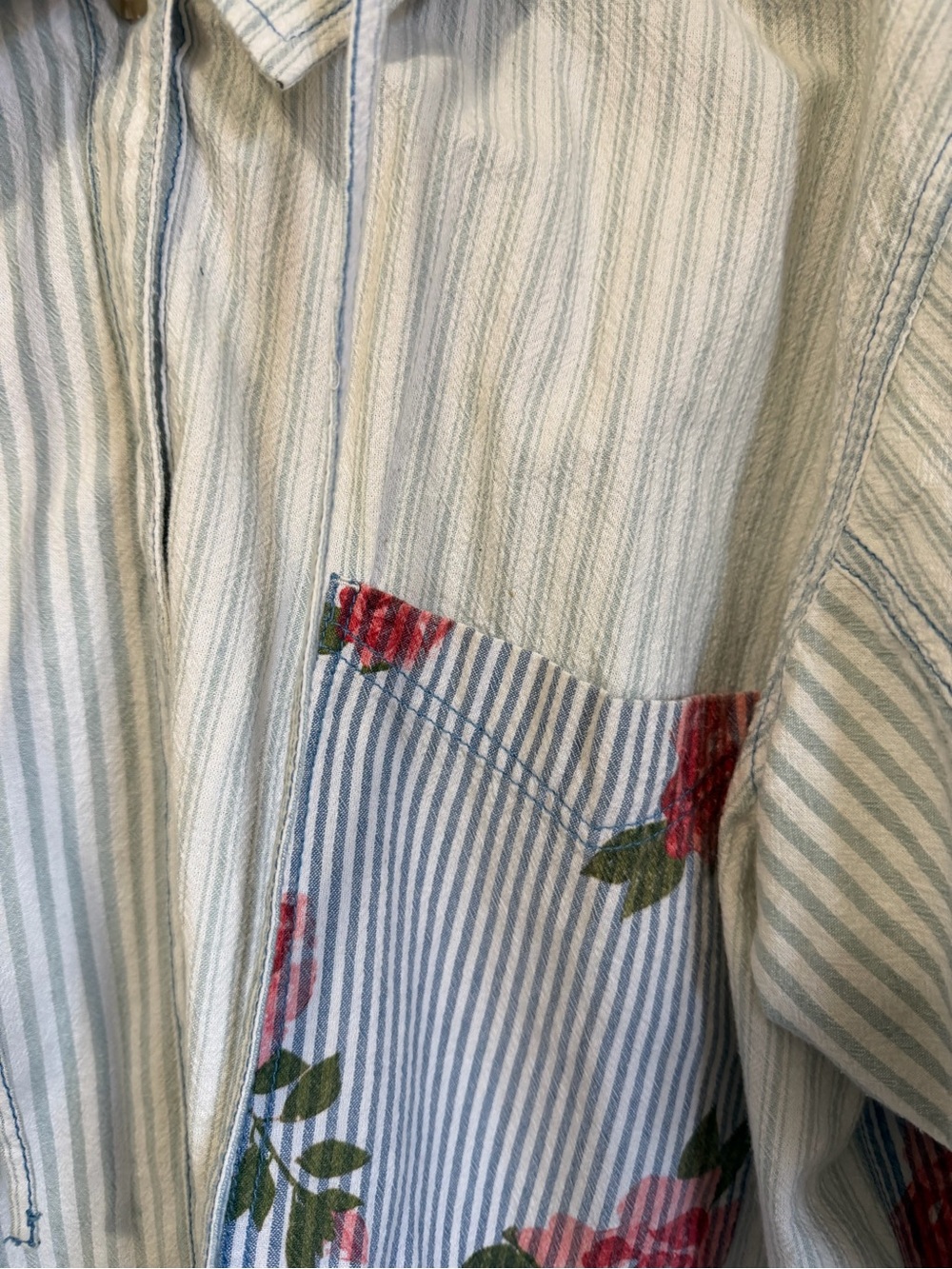 We The Free Light Blue & White Striped Hooded Button-Down with Floral Trim - Picture 2 of 5